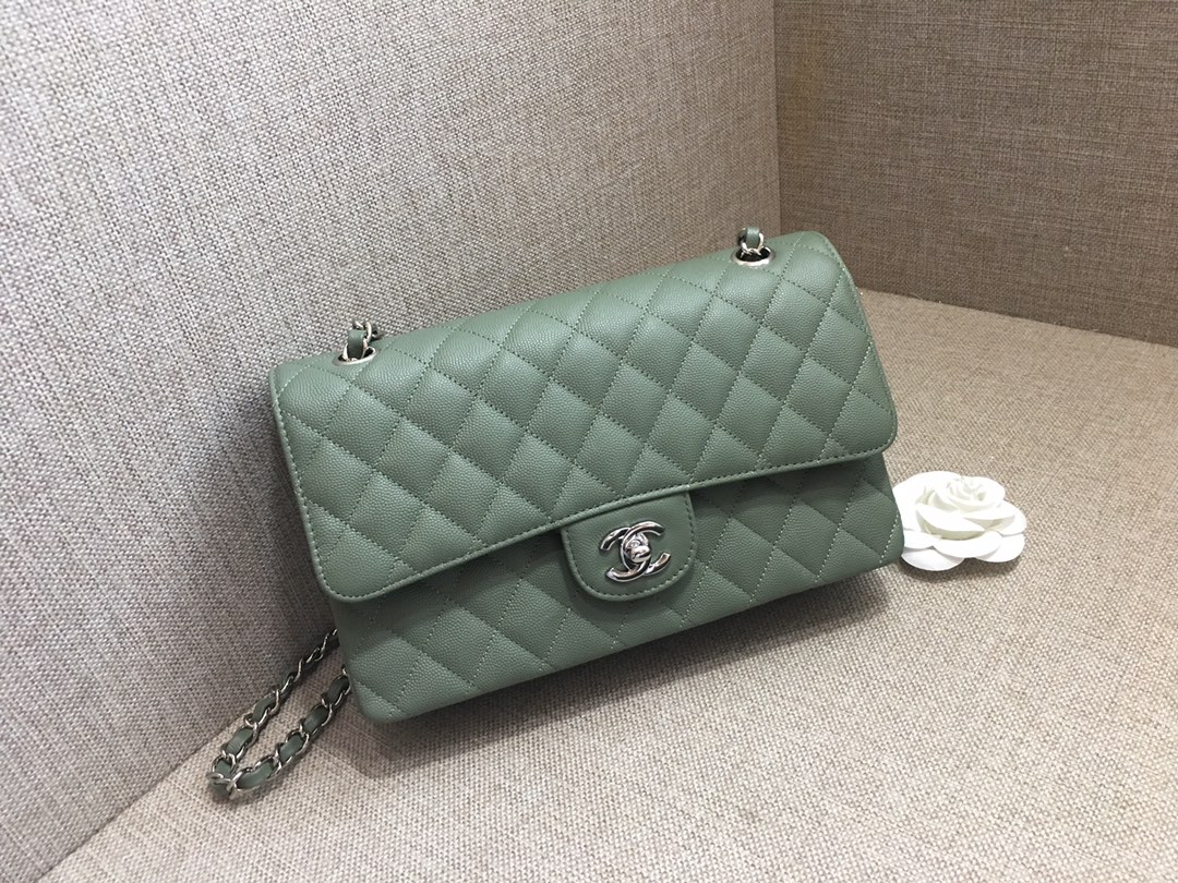 Medium Classic Flap Caviar Bag A01112 Gray Green/Silver